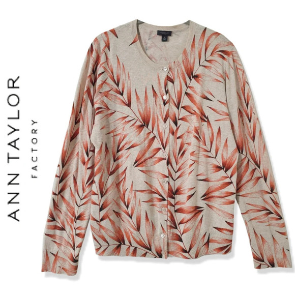 ANN TAYLOR Factory Leaf Print Button Front Cardigan, 100 Cotton, XL - Picture 1 of 11